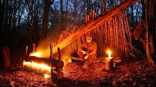 Survival Shelter Build  Overnighter with Long Log Fire  4º Winter camp [upl. by Vassaux831]